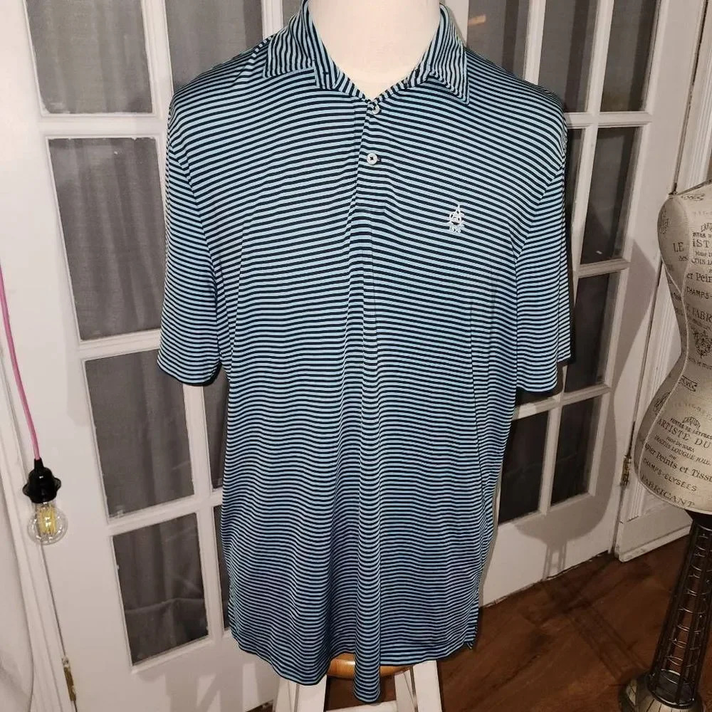 RLX Ralph Lauren Mens Blue Black Striped Short Sleeve‎ Polo Shirt XL